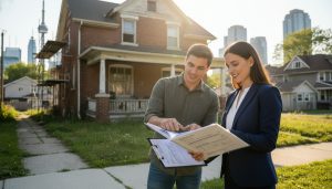 Real estate agent and buyer reviewing inspection report and contractor estimates in front of a fixer-upper house