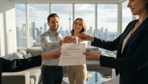 Real estate agent handing contract and keys to buyers with deposit amount visible, Toronto skyline in background