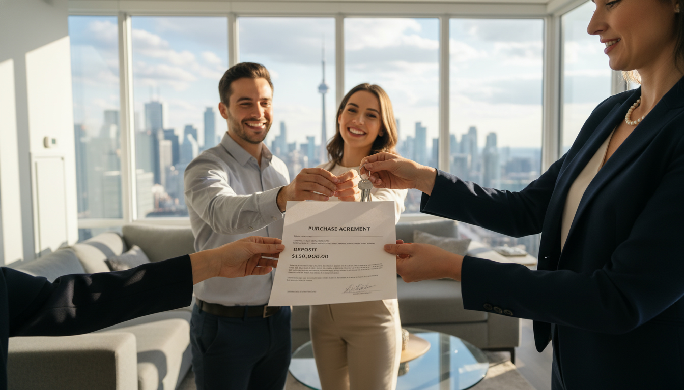 Real estate agent handing contract and keys to buyers with deposit amount visible, Toronto skyline in background