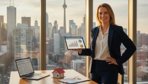 Insurance advisor in modern office comparing home insurance quotes on a tablet with a miniature house on desk and Toronto skyline visible