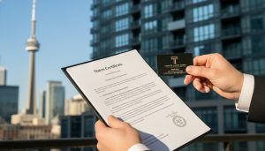 Real estate agent holding a status certificate in front of a condo building with Toronto skyline