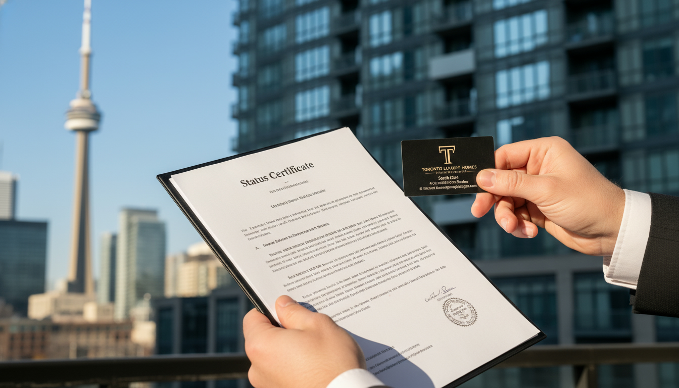Real estate agent holding a status certificate in front of a condo building with Toronto skyline