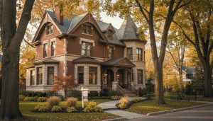 Victorian heritage home in Ontario with 'For Sale' sign on a tree-lined street at golden hour.