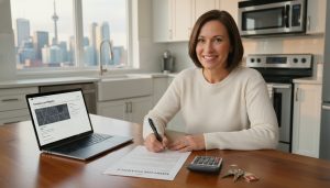 Homeowner signing mortgage discharge document with calculator and keys on table