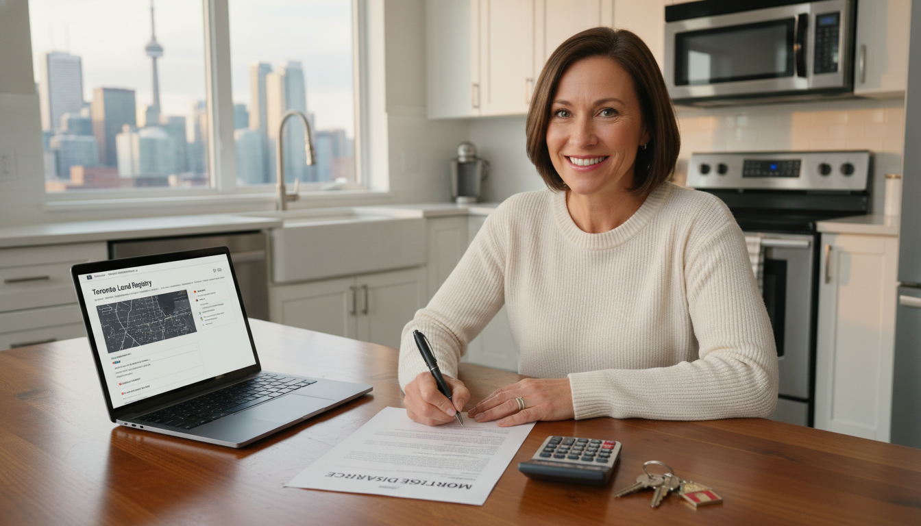 Homeowner signing mortgage discharge document with calculator and keys on table