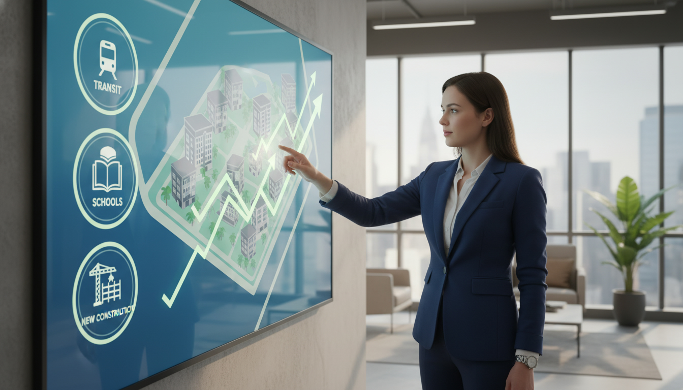 Realtor pointing at a neighborhood map with growth arrows and icons for transit, schools, and construction