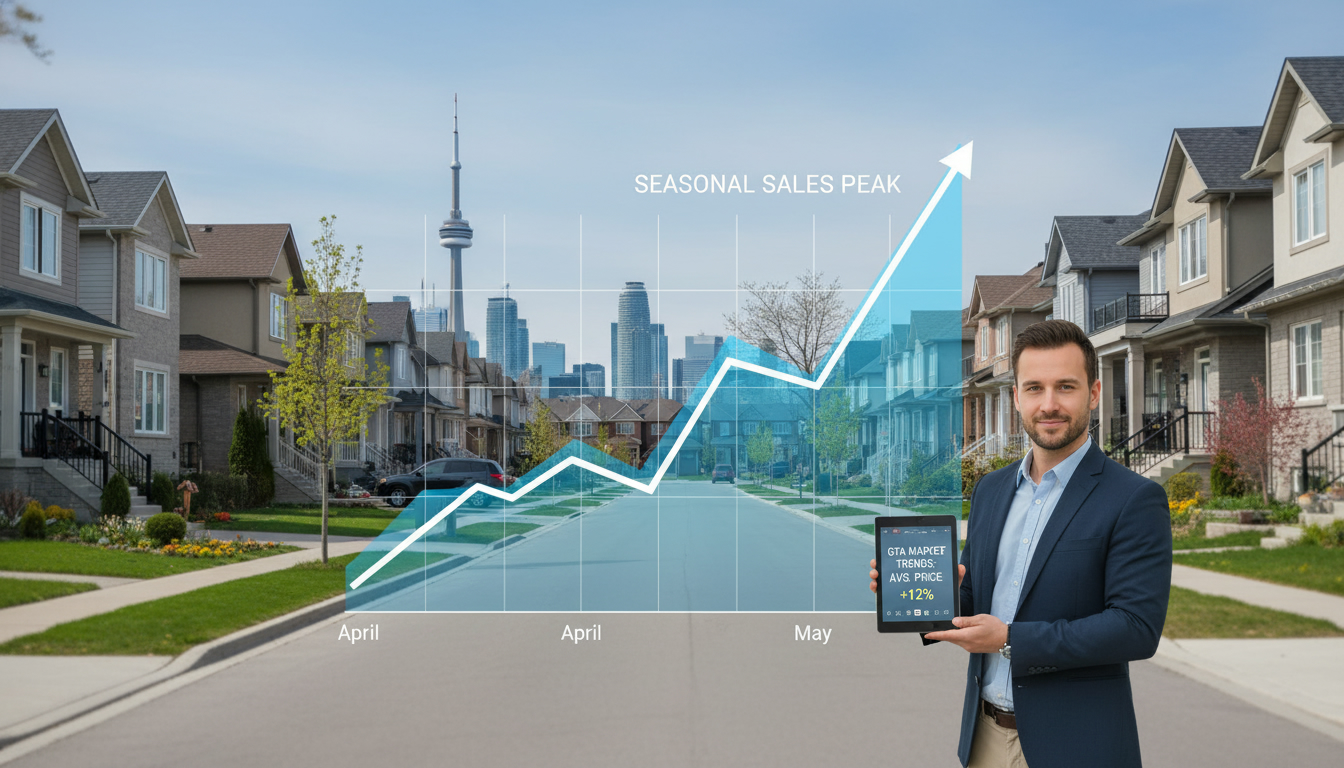 GTA homes in spring with an overlaid market graph showing peak listing months and a real estate agent reviewing data.