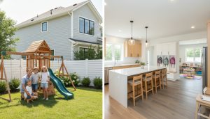 Family playing in fenced backyard with modern kitchen, mudroom, and finished basement visible — showing family-friendly home upgrades.