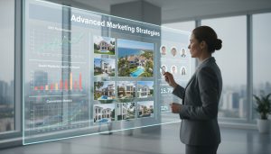 Realtor analyzing digital marketing dashboard with listing photos, SEO charts and ad performance metrics