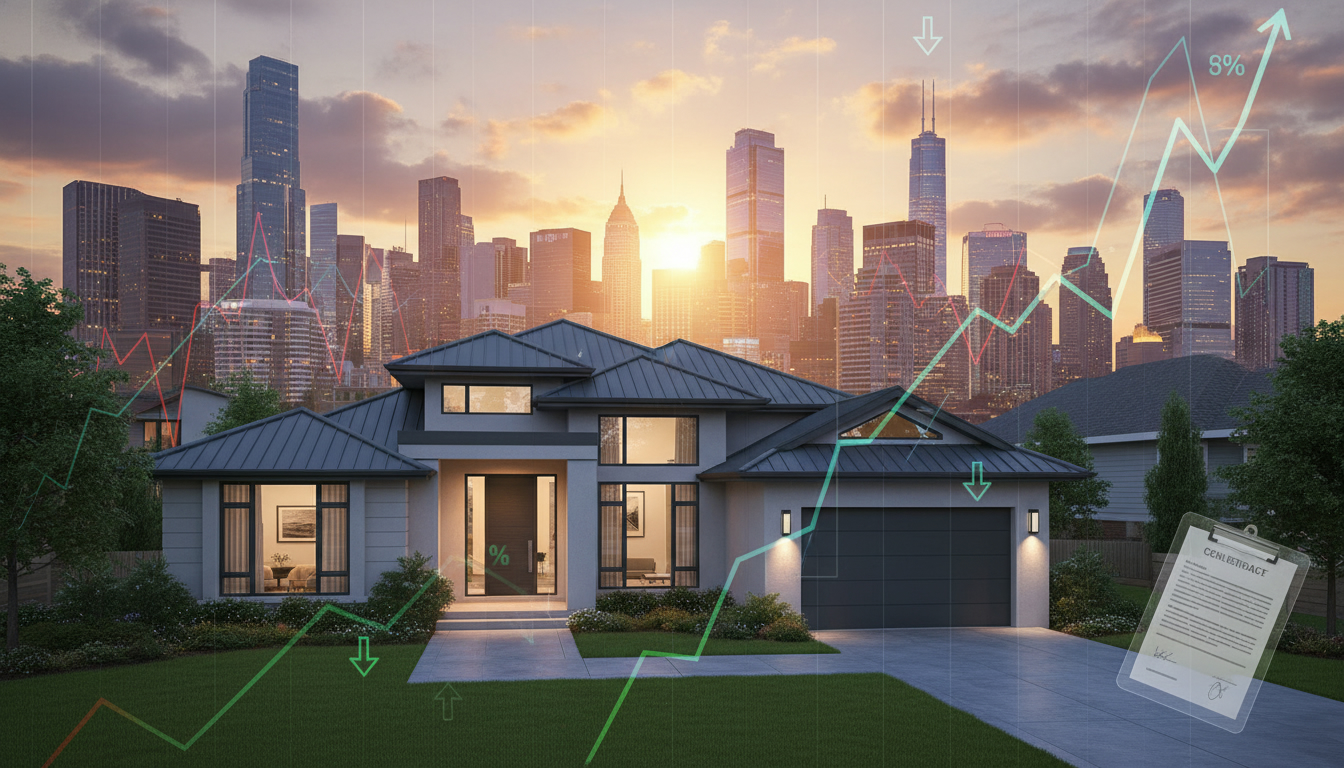 Suburban house with city skyline and financial charts overlay representing economic impact on home values