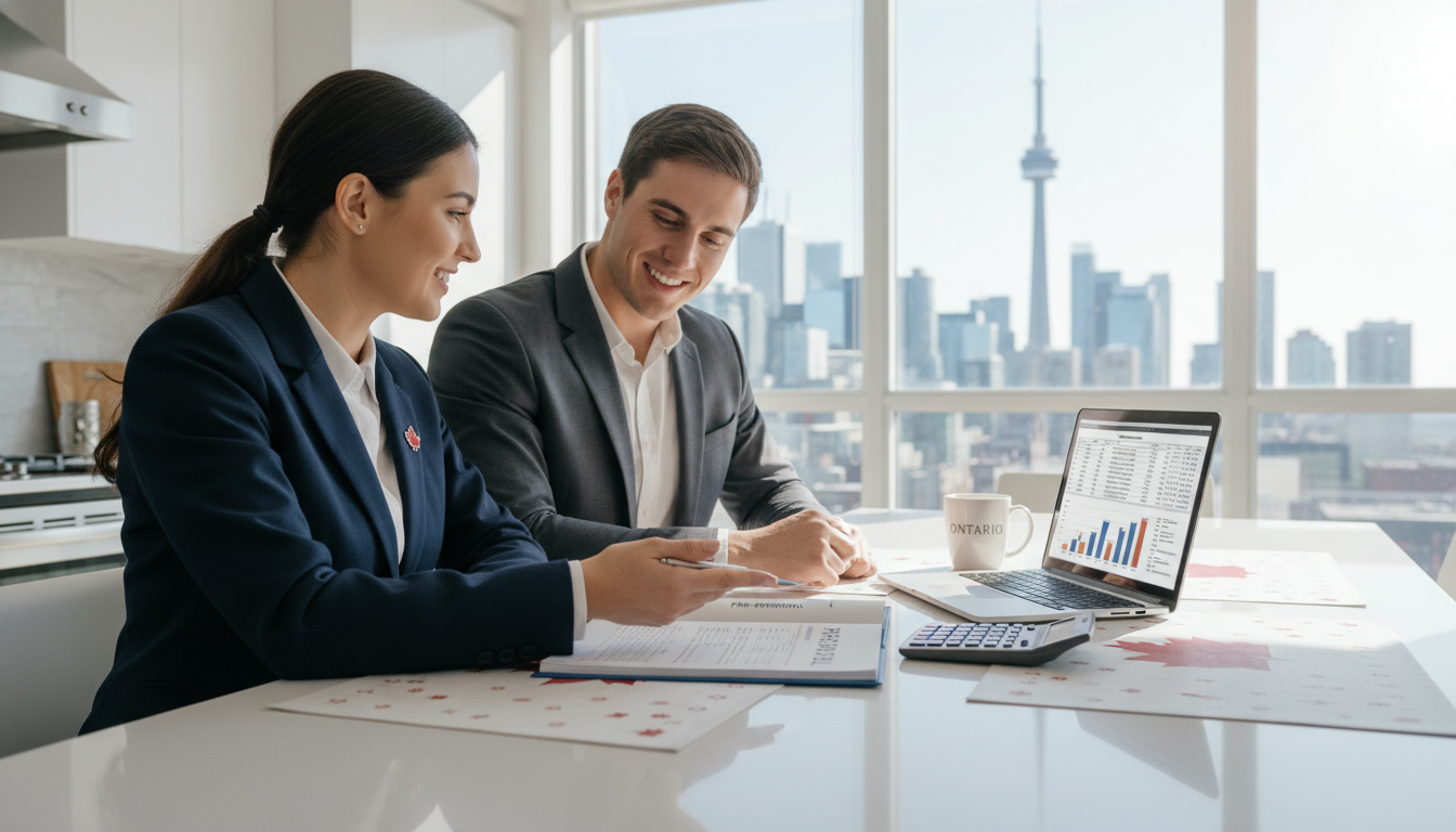 Real estate agent and couple reviewing mortgage pre-approval documents in an Ontario home with a calculator and laptop.