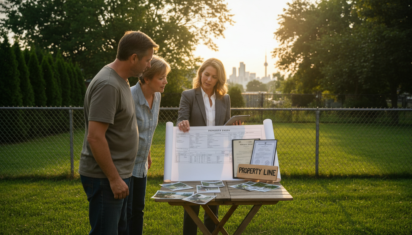 Realtor showing property survey to neighbors at a fence line during a calm resolution meeting