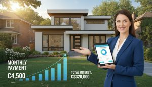 Realtor showing mortgage amortization chart and monthly payments on a tablet in front of a suburban home