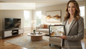 Real estate agent showing a video tour on a tablet in a staged living room