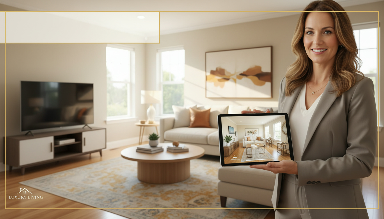 Real estate agent showing a video tour on a tablet in a staged living room