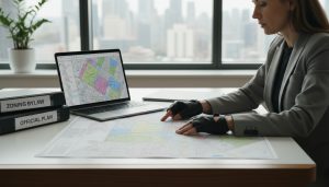 Realtor reviewing property zoning maps and land use documents on a desk.