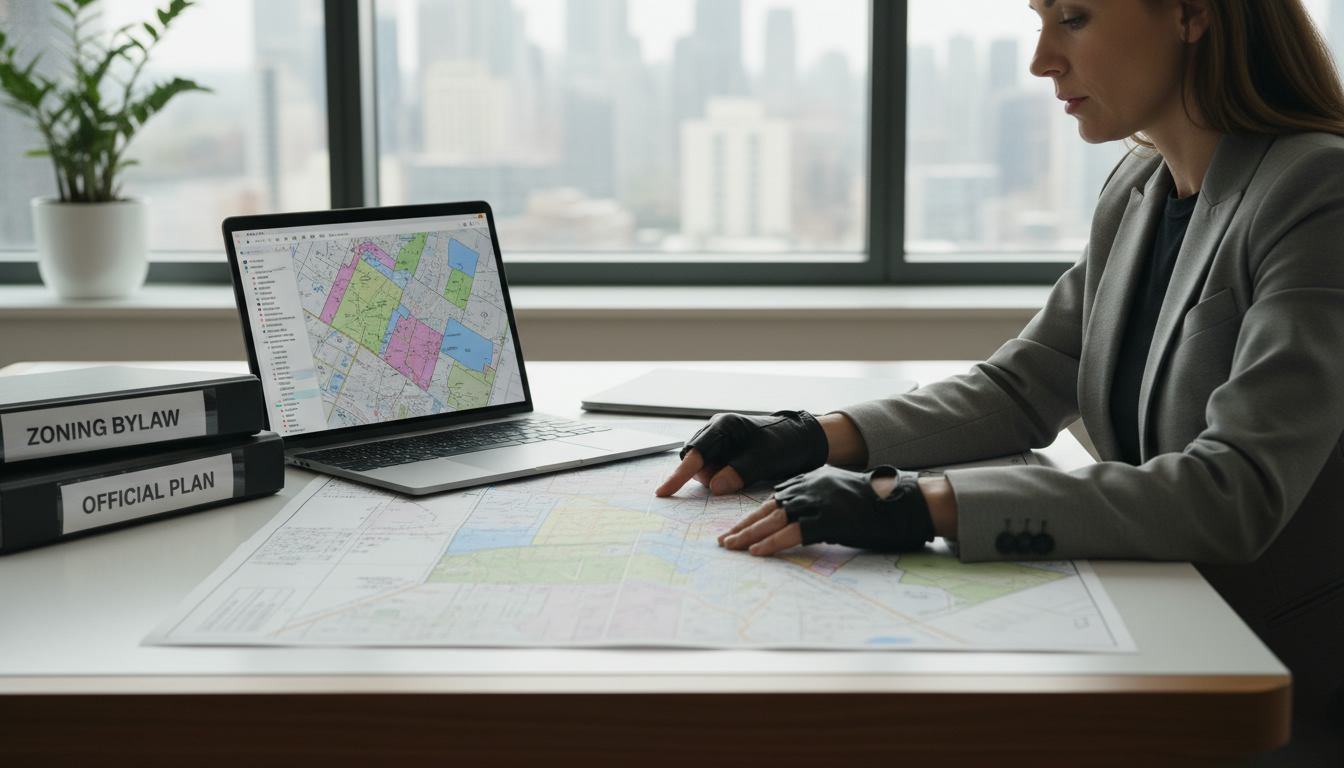 Realtor reviewing property zoning maps and land use documents on a desk.