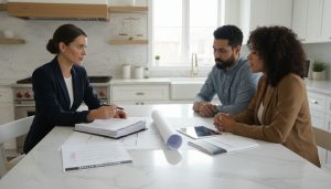 Realtor reviewing seller disclosure documents with homeowners at a kitchen table