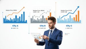Infographic of multiple city skylines with line charts and bar graphs comparing historical price trends and a realtor analyzing data on a tablet.