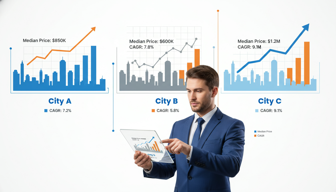 Infographic of multiple city skylines with line charts and bar graphs comparing historical price trends and a realtor analyzing data on a tablet.