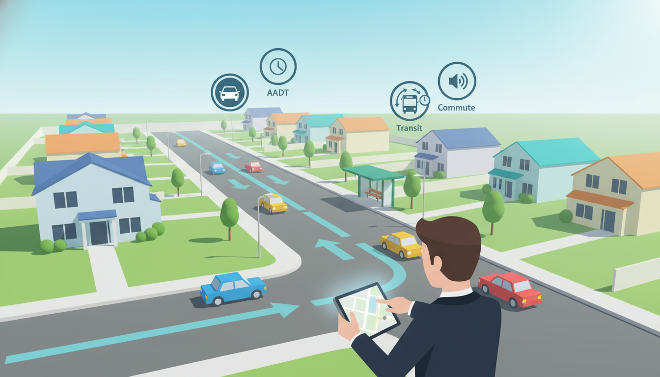 Realtor assessing neighborhood traffic with map and traffic flow icons over a suburban street.