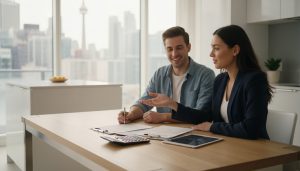 Realtor advising couple on mortgage terms at kitchen table with documents and laptop.