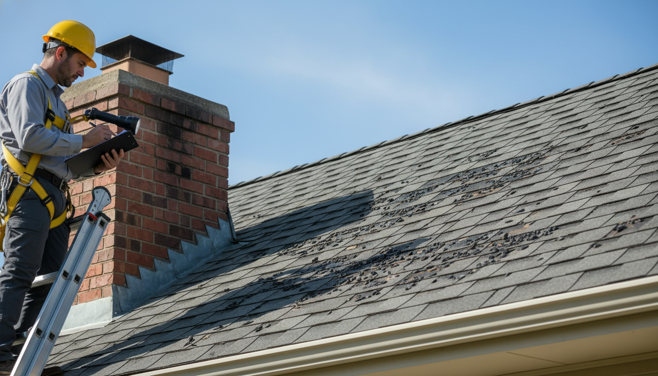 Home inspector examining asphalt shingles and flashing on a suburban house roof with clipboard