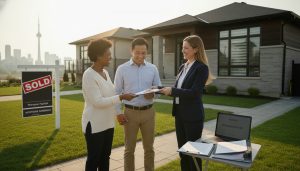 Realtor and homeowners with mortgage documents in front of sold house and Toronto skyline