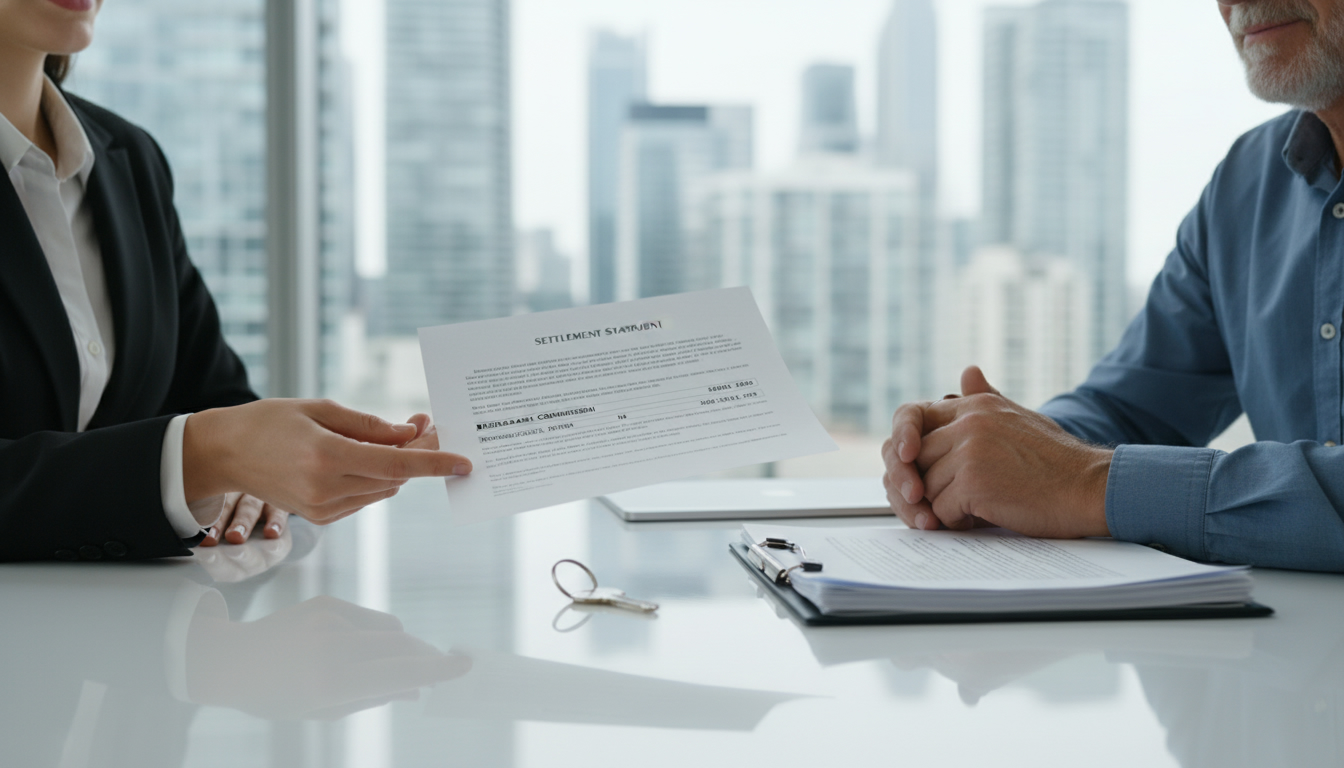 Real estate closing statement showing brokerage commission line item with keys and contract on table