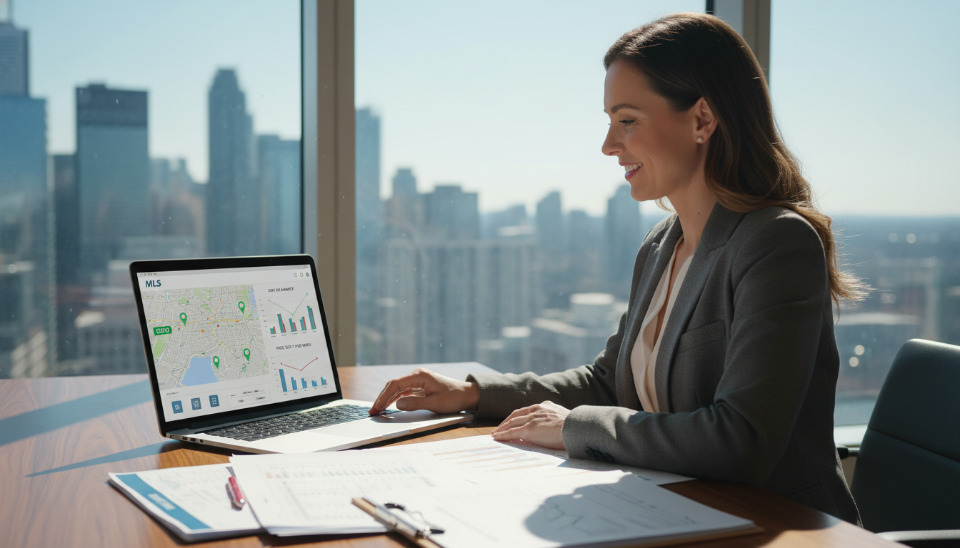 Real estate agent reviewing sold listings and MLS data on a laptop with charts and reports on desk