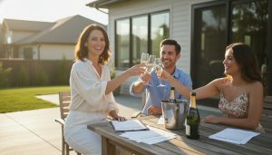 Homeowner celebrating with champagne on a patio after selling a house, closing documents on table.