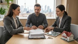 Realtor and estate lawyer reviewing legal documents with beneficiary at home