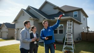 Home inspector pointing at roofline with clipboard while buyer and realtor take notes during inspection