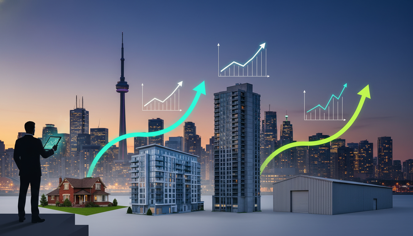 Toronto skyline with detached home, condo, apartment, warehouse and upward arrows showing property appreciation