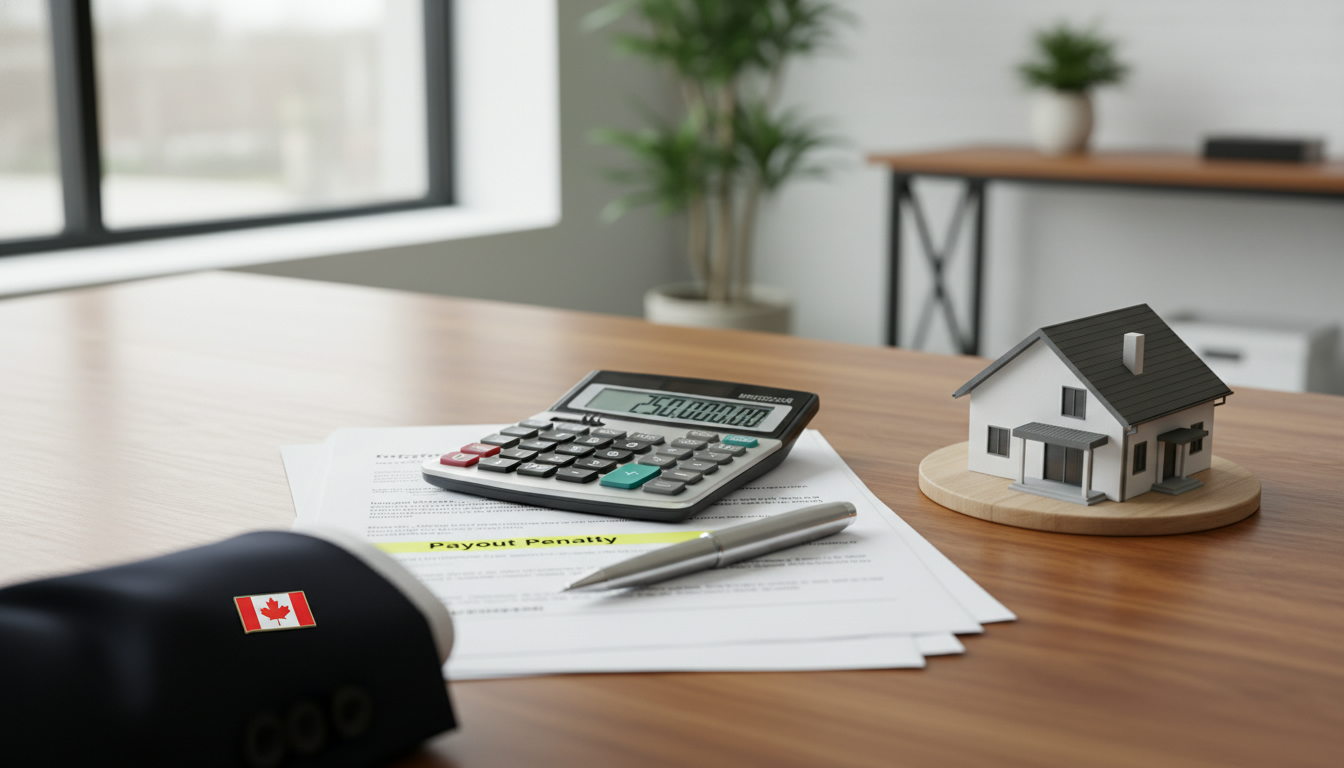 Calculator, mortgage documents and small house model showing payout penalty calculation on a desk