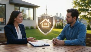 Real estate professional advising property owner about liability insurance with house and documents visible