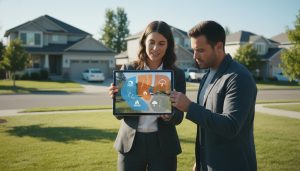 Advisor showing homeowner a tablet with a color-coded hazard map overlaying a suburban house showing flood, wildfire and earthquake risks.