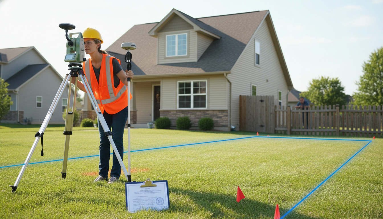 Land surveyor using total station to mark property lines on a suburban lot with survey plan visible
