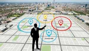 Map overlay with pins marking hospital, school, grocery store and driving/walking radii