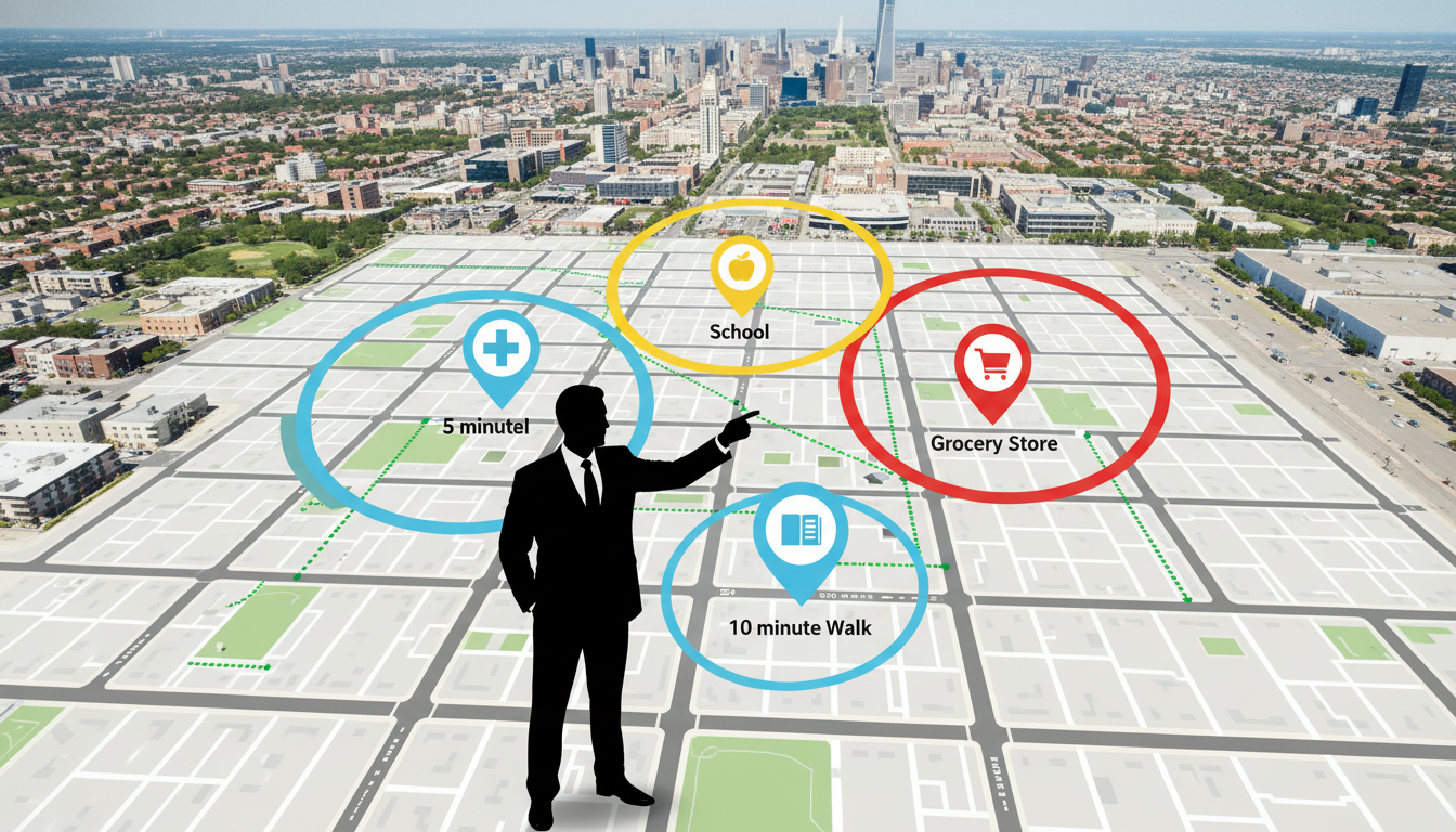 Map overlay with pins marking hospital, school, grocery store and driving/walking radii