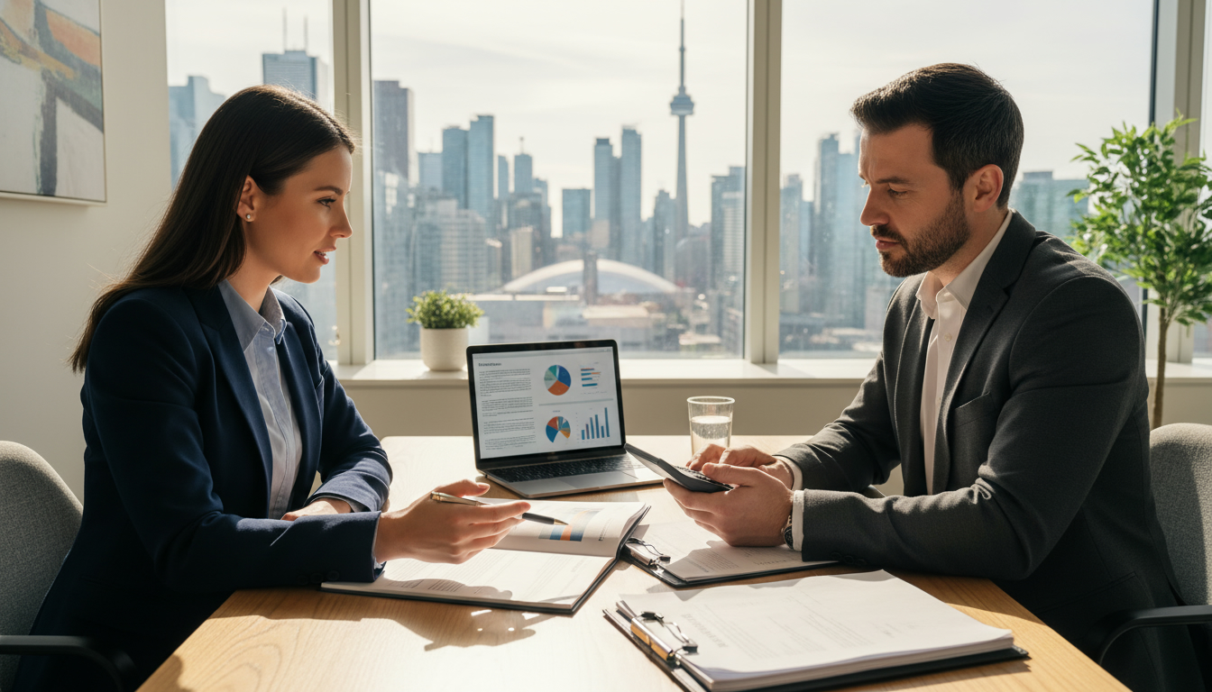 Insurance advisor reviewing coverage documents with a client in a modern office with Toronto skyline visible