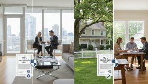 Split image: condo interior with HO-6 documents and house exterior with HO-3 insurance policy