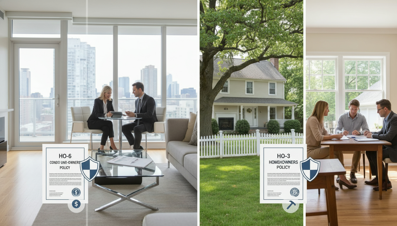 Split image: condo interior with HO-6 documents and house exterior with HO-3 insurance policy