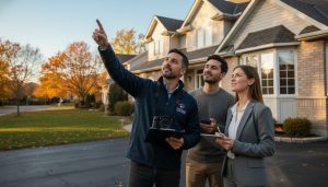 Home inspector with clipboard examining Ontario suburban house with buyer and realtor nearby