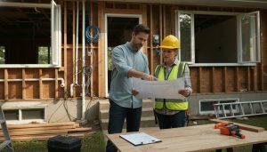 Homeowner and contractor reviewing renovation plans with visible construction and permit form in Ontario home