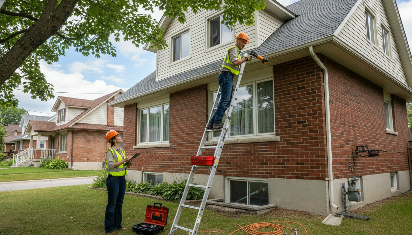 Home inspector examining a basement and roofline of an Ontario house with clipboard and flashlight