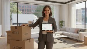 Realtor coordinating moving dates with a calendar, checklist, moving boxes and a truck outside.