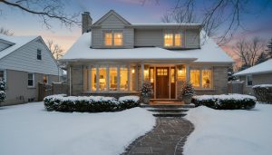 Cozy well-lit suburban house in winter with cleared walkway and warm interior lights