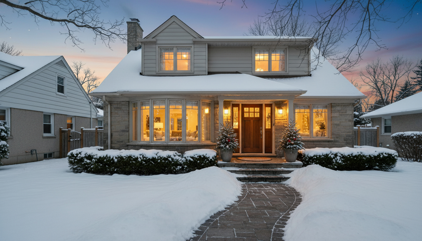 Cozy well-lit suburban house in winter with cleared walkway and warm interior lights