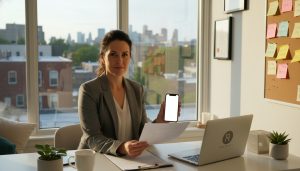 Realtor focused at desk with checklist and phone, city neighborhood visible
